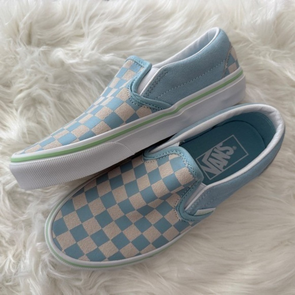 Vans Classic Slip On Suede Checkerboard Crystal Blue Women Shoes Size 5‎ NEW